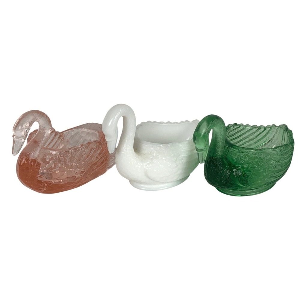 Vintage Glass Swan Salt Cellar Set Pink Milk Glass Green Trinket Dish 3pc